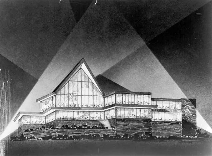 Roostertail detroit 1958 architects rendering night, Heritage at The Roostertail, Detroit