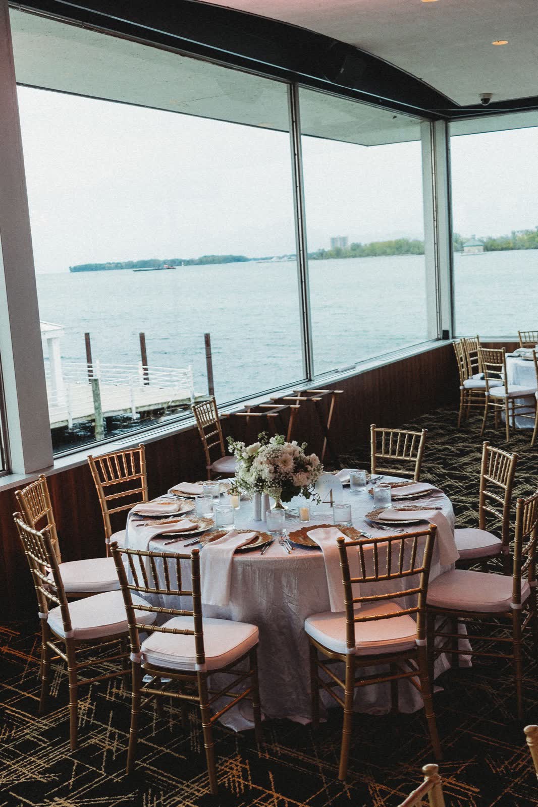 Detroit riverfront event venue reception detail, Marine Room at The Roostertail, Detroit
