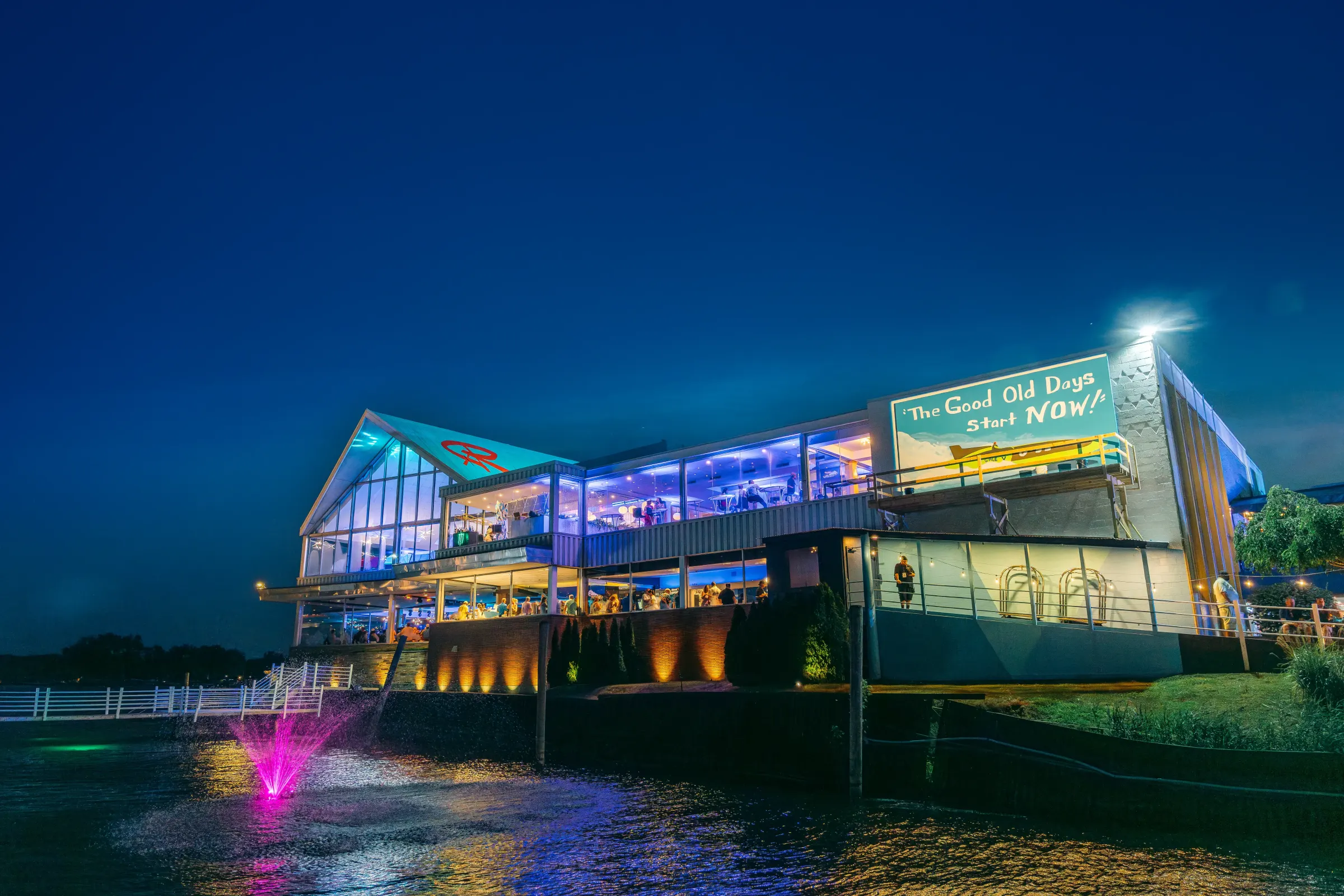 The Roostertail lit up at night on the Detroit River